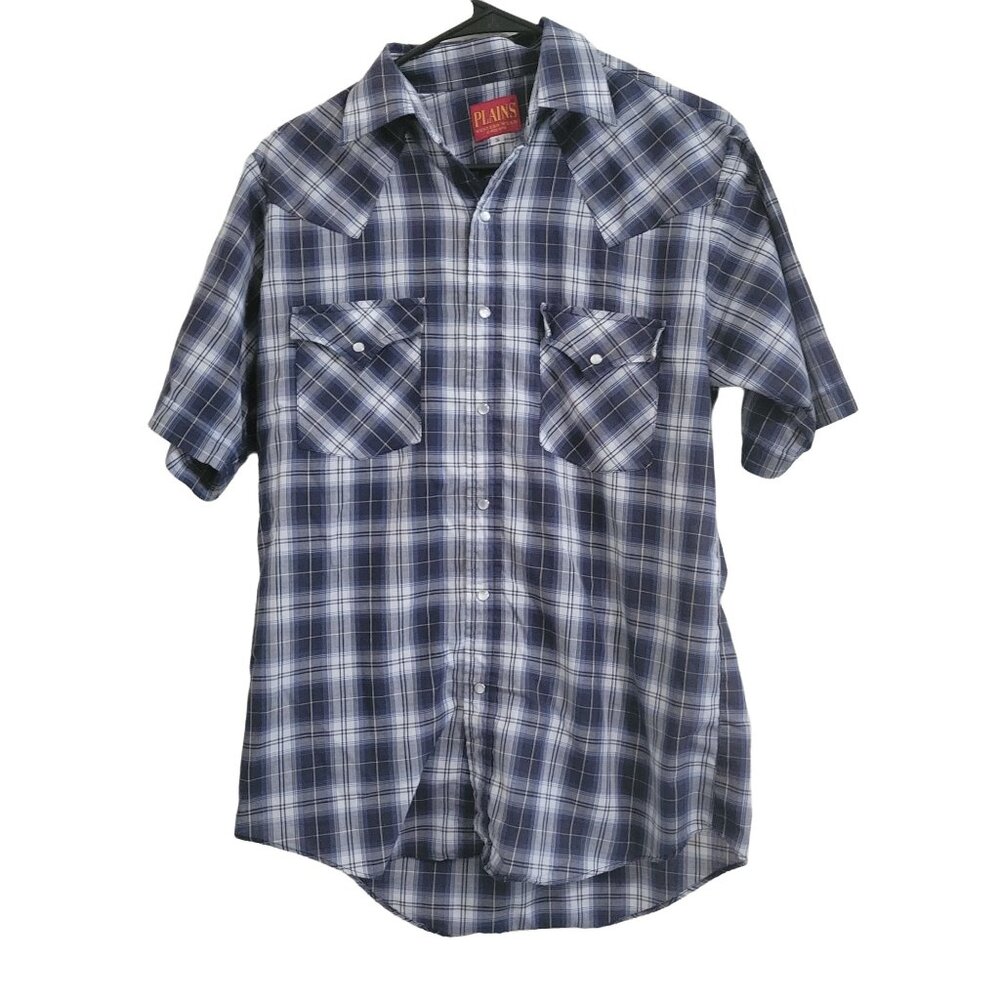 Plains Western Wear Pearl Snap Shirt Mens Size Small Plaid Short Sleeve Blue